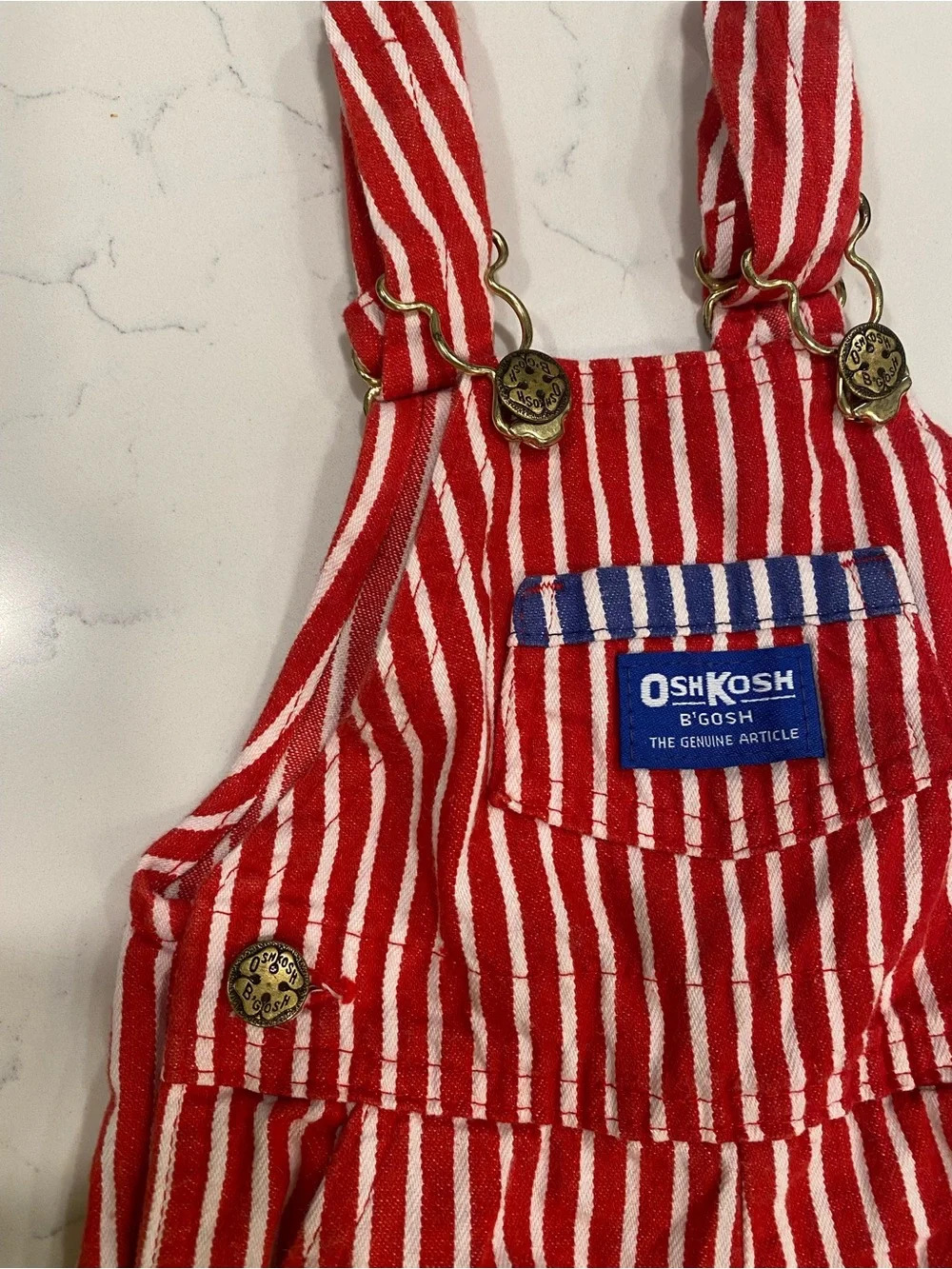 Vintage OshKosh B'gosh red, white striped 100% cotton overalls made in USA 12mo